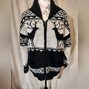 NWT! Lost Horizons Black & Cream Women's Sweater Cardigan w/ Reindeer Design. SP
